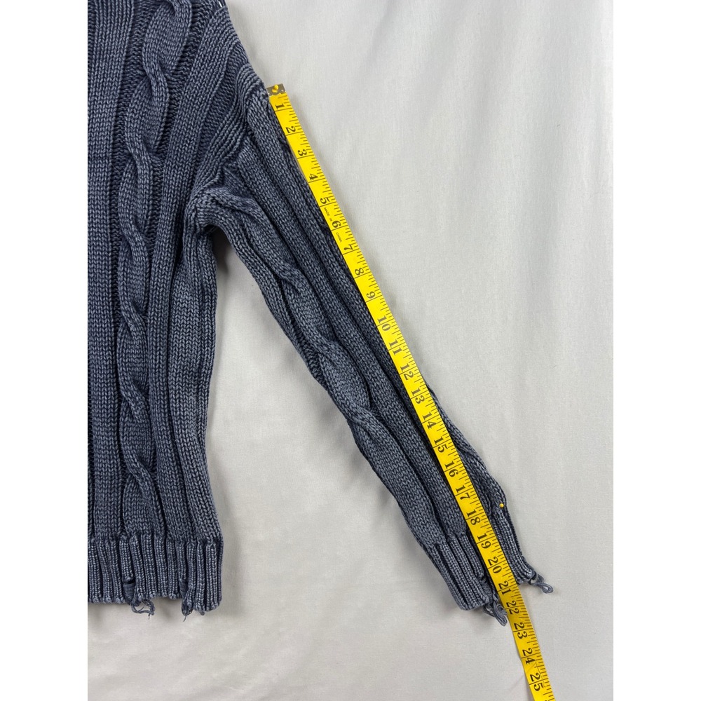 Evereve Cable Knit Sweater Womens Medium Blue Distressed Cotton Crew Neck Artsy - Picture 7 of 9